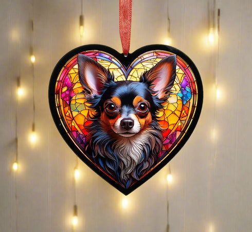 Chihuahua Black Stained Glass Effect Heart Suncatcher